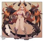  1girl :d animal_ears blush border breasts character_request claws completely_nude female_pubic_hair fire hands_up horns knights_of_glory lamb-oic029 large_breasts long_hair looking_at_viewer moderate_pubic_hair navel nipples nude open_mouth orange_hair paws pigeon-toed pubic_hair red_eyes smile snake_tail solo spread_wings tail white_border wings 