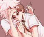  2boys bangs blush brown_eyes brown_hair closed_mouth clothes_lift danganronpa_(series) danganronpa_2:_goodbye_despair english_commentary finger_in_mouth green_neckwear hand_on_another&#039;s_chest hands_up hinata_hajime komaeda_nagito male_focus multiple_boys necktie open_mouth print_shirt school_uniform shirt shirt_lift short_hair short_sleeves simple_background upper_body white_hair white_shirt yandr4hope yaoi 