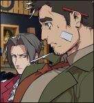  2boys bandaid bandaid_on_cheek behind_ear black_hair breast_envy brown_hair bursting_pectorals character_request coat facial_hair from_side fukurau goatee gyakuten_saiban itonokogiri_keisuke large_pectorals long_sideburns looking_at_another looking_down male_focus meme multiple_boys muscle_envy muscular muscular_male necktie open_clothes open_coat parody pectoral_envy_(meme) pectoral_focus pectorals short_hair sideburns stubble upper_body 