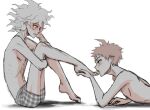  2boys ahoge bangs blush danganronpa_(series) danganronpa_2:_goodbye_despair english_commentary foot_up from_side grey_hair hinata_hajime hugging_own_legs komaeda_nagito licking licking_foot looking_at_another male_focus multiple_boys nude open_mouth shirtless short_hair sitting sweat tongue upper_body yandr4hope yaoi 