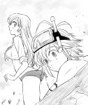  1boy 1girl antenna_hair arm_tattoo ass bikini blush dutch_angle elizabeth_liones greyscale harumiya long_hair meliodas monochrome nanatsu_no_taizai ocean open_mouth profile shirt short_hair signature sleeves_rolled_up straight_hair swimsuit tattoo tied_shirt very_long_hair 