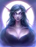  1girl alisa_nilsen elf facial_mark forehead_jewel full_moon green_hair highres long_eyelashes long_hair looking_at_viewer moon night_elf parted_lips pink_hair pink_lips pointy_ears purple_eyes purple_lips signature solo upper_body warcraft world_of_warcraft 