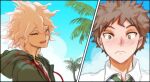  2boys :d bangs blush brown_hair closed_eyes collared_shirt commentary danganronpa_(series) danganronpa_2:_goodbye_despair day frown green_jacket hinata_hajime hood hood_down hooded_jacket hoodie jacket komaeda_nagito male_focus messy_hair multiple_boys necktie open_mouth outdoors palm_tree shirt short_hair sky smile tree upper_teeth white_shirt yandr4hope 