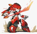  1girl absurdres blush dust energy_sword highres holding holding_sword holding_weapon kuruton486 looking_ahead magic_henshin mecha no_humans open_hand red_eyes scarlet_sonic science_fiction smile solo sword twitter_username weapon wheel white_background 