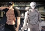  2boys abs bare_pectorals baseball_cap black_pants blonde_hair blood blood_on_face bloody_clothes colored_skin hair_over_one_eye hat hataraku_saibou highres holding holding_knife killer_t_(hataraku_saibou) knife looking_at_viewer male_focus military military_uniform multiple_boys muscular muscular_male navel nipples nosebleed open_clothes open_shirt pants pectorals serious shirt short_hair short_sleeves silver_hair stomach toned toned_male torn_clothes torn_shirt tsunami_(sorudora) u-1146 uniform white_blood_cell_(hataraku_saibou) white_skin wind 