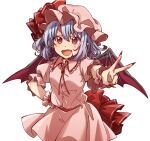  1girl :d bangs bat_wings blue_hair cowboy_shot fang fingernails hand_on_hip hat hat_ribbon long_fingernails looking_at_viewer mob_cap open_mouth pink_headwear pink_shirt pink_skirt pointy_ears red_eyes red_nails red_ribbon remilia_scarlet ribbon shirt short_hair short_sleeves simple_background skin_fang skirt smile solo standing touhou twitter_username unkmochi v white_background wings wrist_cuffs 