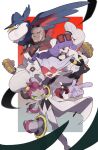 1girl 2boys :d absurdres bangs belt_buckle black_eyes black_shirt blurry buckle clenched_hands closed_mouth coat collared_shirt commentary_request dark-skinned_male dark_skin eyewear_on_head floating_hair fur-trimmed_coat fur_trim gen_2_pokemon gen_4_pokemon gen_6_pokemon gloves highres honchkrow hoopa hoopa_(confined) jacket lear_(pokemon) long_hair looking_back mimura_(nnnnnnnnmoo) multiple_boys mythical_pokemon necktie open_mouth pants pointing pokemon pokemon_(creature) pokemon_(game) pokemon_masters_ex purple_gloves purple_hair rachel_(pokemon) red_neckwear sawyer_(pokemon_masters_ex) shirt short_hair sleeves_past_fingers sleeves_past_wrists smile spiked_hair sunglasses tongue umbreon upper_teeth very_short_hair white_coat white_jacket white_pants 