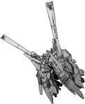  absurdres dual_wielding greyscale gun gundam gundam_narrative highres holding holding_gun holding_weapon ishiyumi looking_ahead mecha monochrome narrative_gundam narrative_gundam_a-packs no_humans science_fiction solo v-fin weapon white_background 