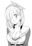  1girl alternate_hair_length alternate_hairstyle blush bow bow_hairband breasts choker cleavage closed_mouth collarbone elizabeth_liones greyscale hair_bow hair_over_one_eye hairband harumiya head_tilt looking_at_viewer medium_breasts medium_hair monochrome nanatsu_no_taizai simple_background sketch smile solo upper_body white_background 