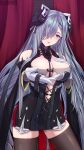  1girl august_von_parseval_(azur_lane) azur_lane black_dress black_legwear blue_eyes blush breast_curtains breasts capelet cleavage clothing_cutout cowboy_shot curled_horns curtains detached_sleeves dress ex_saki eyebrows_visible_through_hair gloves hair_over_one_eye hand_on_own_chest highres horns indoors large_breasts lips long_hair looking_at_viewer open_mouth silver_hair smile solo thighhighs 