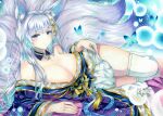  1girl absurdres animal_ear_fluff animal_ears azur_lane blue_butterfly breasts bug butterfly clothes_pull collarbone eyebrows_visible_through_hair fox_ears fox_tail grey_eyes highres huge_breasts insect japanese_clothes kimono kitsune long_hair looking_at_viewer multiple_tails off-shoulder_kimono pleated_skirt purple_kimono shinano_(azur_lane) signature silver_hair skindentation skirt skirt_pull solo tail thighhighs thighs traditional_media whipberry white_legwear white_skirt wide_sleeves 