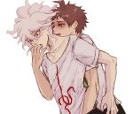  2boys bangs black_pants blush brown_eyes brown_hair collarbone danganronpa_(series) danganronpa_2:_goodbye_despair english_commentary finger_in_another&#039;s_mouth green_neckwear grey_background grey_shirt hand_in_pants hinata_hajime komaeda_nagito licking male_focus multiple_boys necktie open_mouth pants print_shirt shirt short_hair short_sleeves simple_background sketch t-shirt white_background yandr4hope yaoi 