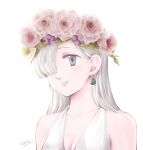  1girl collarbone earrings elizabeth_liones flower grey_eyes grin hair_flower hair_ornament hair_over_one_eye hair_over_shoulder harumiya head_wreath jewelry long_hair nanatsu_no_taizai pink_flower silver_hair simple_background smile solo twitter_username upper_body white_background 