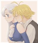  1boy 1girl antenna_hair ascot black_vest blonde_hair blue_eyes blue_shirt blue_sleeves blush border breasts closed_eyes collared_shirt couple detached_sleeves elizabeth_liones from_side harumiya hetero hug hug_from_behind kiss kissing_neck long_hair long_sleeves medium_breasts meliodas nanatsu_no_taizai necktie outside_border red_neckwear shiny shiny_hair shirt short_hair silver_hair sleeveless sleeveless_shirt straight_hair upper_body very_long_hair vest white_border white_neckwear white_shirt wing_collar 