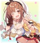  atelier_(series) atelier_ryza beret breasts brown_eyes brown_gloves clover_hair_ornament fang gloves hair_ornament hairpin hat large_breasts official_art one_eye_closed reisalin_stout riichu short_shorts shorts single_glove star_(symbol) thighhighs 