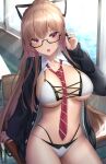  1girl :o azur_lane between_breasts bikini black-framed_eyewear black_jacket breasts brown_hair classroom close-up collared_shirt cowboy_shot day dress_shirt glasses hair_ribbon hand_up highleg highleg_bikini highres indoors jacket large_breasts long_hair looking_at_viewer mizuya_nao multi-strapped_bikini necktie no_pants official_alternate_costume open_clothes open_jacket open_mouth open_shirt ponytail purple_eyes ribbon semi-rimless_eyewear shirt solo stomach string_bikini striped striped_neckwear sunlight swiftsure_(azur_lane) swiftsure_(midsummer_special_service)_(azur_lane) swiftsure_(secluded_cyclamen)_(azur_lane) swimsuit thighs under-rim_eyewear very_long_hair white_bikini white_shirt 