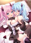  2girls black_legwear blue_eyes blue_hair commentary_request demon_girl demon_tail demon_wings detached_sleeves eyebrows_visible_through_hair horns incest long_hair looking_at_viewer lying multiple_girls on_back open_mouth original pink_eyes pink_hair red_horns shikitani_asuka siblings sisters tail thighhighs twincest twins twintails twitter_username wings yuri 