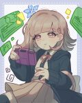  1girl :t absurdres animal_bag bangs black_jacket black_legwear black_shirt blunt_bangs blush border breasts brown_hair cat_bag commentary_request danganronpa_(series) danganronpa_2:_goodbye_despair dress_shirt eyebrows_visible_through_hair grey_border hair_ornament hairclip handheld_game_console highres holding hood jacket kopaen_(komaeda_p) large_breasts long_sleeves looking_at_viewer medium_hair nanami_chiaki neck_ribbon open_clothes open_jacket pink_eyes pink_ribbon pleated_skirt ribbon shirt shirt_tucked_in skirt solo spaceship_hair_ornament striped striped_background thighhighs two-tone_shirt white_shirt 