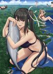  6+girls animal barefoot bikini black_hair blush breasts brown_hair character_request cloud day fish giant giantess hair_ribbon highres holding holding_animal holding_fish ichikawa_feesu kantai_collection kiso_(kancolle) kumano_(kancolle) large_breasts long_hair lying map medium_breasts multiple_girls nachi_(kancolle) on_back open_mouth outdoors ponytail red_bikini ribbon side_ponytail sitting sky smile sweat swimsuit tagme v watercraft whale yahagi_(kancolle) yamato_(kancolle) 