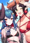  2girls ;d arm_up bare_shoulders bikini black_bikini black_choker black_hair black_jacket blue_hair breasts can character_request choker closed_mouth colored_inner_hair commission criss-cross_halter curled_horns demon_girl demon_horns demon_tail energy_drink frown green_eyes halterneck highres holding horns jacket kinsenka_momi long_hair looking_at_viewer medium_breasts mole mole_under_eye multicolored_hair multiple_girls mythic_live nako_ryu off_shoulder one_eye_closed open_mouth outdoors pointy_ears red_bikini red_bull red_choker red_eyes sharp_teeth sidelocks skeb_commission small_breasts smile streaked_hair string_bikini swimsuit tail teeth thick_eyebrows two-tone_hair virtual_youtuber 