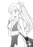  1girl blush breasts cleavage cowboy_shot elizabeth_liones floating_hair greyscale hair_over_one_eye hair_ribbon hand_fan harumiya holding holding_fan leotard long_hair medium_breasts monochrome nanatsu_no_taizai parted_lips ponytail ribbon sideboob simple_background sketch solo standing very_long_hair white_background 