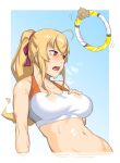  1girl ahoge blonde_hair blue_background blush border breast_suppress breasts copyright_request dyun empty_eyes hair_ribbon highres large_breasts navel open_mouth ponytail red_eyes red_ribbon ribbon ring-con ring_fit_adventure solo sports_bra tired upper_body white_border 