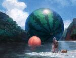  barefoot basin cloud commentary day floating floating_object fmu food forest from_behind fruit grey_hair holding holding_clothes leaning_forward long_hair low_ponytail momotarou nature outdoors oversized_food parody peach ponytail river washing watermelon 