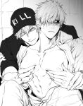  2boys abs absurdres bare_pectorals baseball_cap blush colored_skin couple grabbing greyscale hair_over_one_eye hat hataraku_saibou head_on_another&#039;s_shoulder highres killer_t_(hataraku_saibou) male_focus military military_uniform monochrome multiple_boys nipples open_clothes open_shirt pectoral_grab pectorals short_hair short_sleeves silver_hair smile stomach toned toned_male tsunami_(sorudora) u-1146 uniform white_blood_cell_(hataraku_saibou) white_skin yaoi 