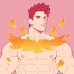  1boy abs absurdres bara beard blue_eyes boku_no_hero_academia completely_nude facial_hair feraltintinsimp fiery_hair fire highres large_pectorals male_focus mature_male muscular muscular_male nipples nude pectorals pink_background red_hair scar scar_across_eye short_hair sideburns smile solo spiked_hair stomach stubble todoroki_enji upper_body 