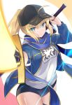  100 1girl ahoge artoria_pendragon_(all) bangs baseball_cap black_headwear blonde_hair blue_jacket blue_legwear blue_scarf blush breasts dual_wielding excalibur_morgan_(fate) fate/grand_order fate_(series) green_eyes hair_between_eyes hat highres himitsucalibur_(fate) holding jacket long_hair long_sleeves looking_at_viewer mysterious_heroine_x_(fate) ponytail rojiura_satsuki:_chapter_heroine_sanctuary scarf shirt short_shorts shorts sidelocks small_breasts sword thighhighs thighs weapon white_shirt 