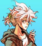  1boy bangs blue_background blush brown_eyes brown_jacket collarbone danganronpa_(series) danganronpa_2:_goodbye_despair english_commentary flower hair_flower hair_ornament hand_up hood hood_down jacket komaeda_nagito long_sleeves looking_at_viewer male_focus messy_hair open_clothes open_mouth shirt simple_background sketch solo upper_body yandr4hope 