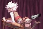  2girls ass bangs bdsm blush bondage bound bound_arms commentary curtains danganronpa_(series) danganronpa_3_(anime) disembodied_limb foot_up green_vest hair_between_eyes komaeda_nagito long_sleeves looking_back male_focus male_underwear medium_hair messy_hair multiple_girls no_shoes open_mouth plaid pleated_skirt shirt skirt solo_focus thighhighs underwear undressing vest white_hair white_shirt yandr4hope yaoi 