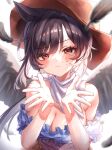  1girl animal_ears backlighting bandana bangs bare_shoulders black_hair black_wings bloom blue_shirt blurry blurry_background blush breasts brown_headwear cleavage closed_mouth commentary_request cowboy_hat depth_of_field eyebrows_visible_through_hair falling_feathers feathered_wings furrowed_brow hair_intakes hands_up hat highres horse_ears kurokoma_saki large_breasts long_hair looking_at_viewer off-shoulder_shirt off_shoulder pegasus_wings ponytail red_eyes shirt simple_background solo sweat tearing_up touhou uma_pyoi_densetsu waramori_fuzuka white_background wings 