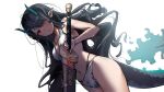 1girl arknights bangs bare_arms bare_shoulders bikini black_hair blue_fire blue_hair breasts cleavage closed_mouth commentary_request dragon_girl dragon_horns dragon_tail dusk_(arknights) dutch_angle eyebrows_visible_through_hair fire hellnyaa highres holding holding_sword holding_weapon horns long_hair looking_at_viewer medium_breasts multicolored_hair navel pointy_ears red_eyes sheath simple_background solo streaked_hair swimsuit sword tail thighs two-tone_hair unsheathing very_long_hair weapon white_background white_bikini 