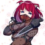  1girl airship_assassin_wraith apex_legends appear blue_eyes breasts brown_bodysuit colored_inner_hair cosplay flower hiichigo_shure holding holding_knife knife kunai looking_at_viewer mashiro_(rikuya) mask mechanical_wings medium_breasts mouth_mask multicolored_hair portrait purple_hair red_hair second-party_source solo twitter_username virtual_youtuber watermark weapon white_background wings wraith_(apex_legends) wraith_(apex_legends)_(cosplay) 