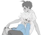  2boys ahoge anal_fingering bangs blue_sweater blush brown_pants crazy_eyes cum cum_on_ass danganronpa_(series) danganronpa_2:_goodbye_despair english_commentary fingering hair_between_eyes hinata_hajime komaeda_nagito looking_down male_focus male_underwear messy_hair monochrome multiple_boys open_mouth pants plaid saliva shirt short_hair simple_background sleeves_past_wrists sweater underwear white_background white_shirt yandr4hope yaoi 