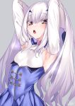  1girl absurdres armpits arms_behind_head arms_up bangs blue_dress breasts brown_eyes dress fairy_knight_lancelot_(fate) fate/grand_order fate_(series) highres long_hair long_sleeves looking_at_viewer open_mouth sidelocks small_breasts watosu white_hair 
