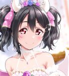  1girl bare_shoulders black_hair blue_flower blue_rose blush closed_mouth earrings flower hair_flower hair_ornament hairband highres jewelry looking_at_viewer love_live! love_live!_school_idol_project medium_hair pink_flower pink_rose portrait red_eyes rose smile solo twintails yazawa_nico yopparai_oni 