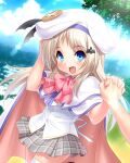  1girl 1other beret blonde_hair blue_eyes blue_sky bow cape cloud commentary_request cowboy_shot day dress fang grey_skirt hat highres holding_hands kud_wafter little_busters! long_hair looking_at_viewer noumi_kudryavka open_mouth outdoors pink_bow plaid plaid_skirt pleated_dress school_uniform shirt skirt sky smile thighhighs white_cape white_headwear white_shirt zen 