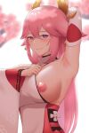  1nilla&#039; areolae arm_up armpits bare_shoulders blush breasts cherry_blossoms detached_sleeves genshin_impact hair_ornament half-closed_eyes highres large_breasts long_hair long_sleeves looking_at_viewer nipples one_breast_out pink_hair purple_eyes seductive_smile smile upper_body yae_(genshin_impact) 