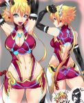  1girl arm_strap armor ass azami_(xenoblade) blonde_hair blue_eyes blush breasts cleavage fang gloves kora_(xenoblade) looking_at_viewer navel negresco open_mouth pointy_ears short_hair simple_background smile solo thighhighs xenoblade_chronicles_(series) xenoblade_chronicles_2 