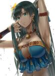  1girl alternate_costume alternate_hairstyle arm_strap armpits bangs bikini blue_bikini blue_swimsuit breasts brown_choker choker cleavage clothing_cutout collarbone delsaber earrings fire_emblem fire_emblem:_the_blazing_blade fire_emblem_heroes flower frilled_bikini frills green_eyes green_hair hair_behind_ear hair_down hair_flower hair_ornament highres jewelry large_breasts long_hair looking_at_viewer looking_down lyn_(fire_emblem) navel parted_lips solo sparkle swimsuit underboob underboob_cutout upper_body very_long_hair wet white_background yellow_flower 
