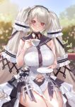  1girl absurdly_long_hair azur_lane black_choker black_neckwear black_sailor_collar blurry blurry_background bow_dress breasts choker clothing_cutout cup detached_sleeves dress feather_dress formidable_(azur_lane) formidable_(timeless_classics)_(azur_lane) hair_ornament highres holding holding_cup holding_plate huge_breasts long_hair looking_at_viewer navel_cutout nima_(niru54) official_alternate_costume outdoors plate platinum_blonde_hair red_eyes sailor_collar see-through see-through_sleeves signature sitting solo tea teacup twintails two-tone_dress two-tone_ribbon very_long_hair white_dress 