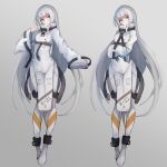 1girl ankle_cuffs belt belt_buckle blue_eyes bodysuit bound bound_arms breasts buckle commentary_request cuffs full_body grey_background grey_hair highres long_hair melnik original shackles sleeves_past_wrists small_breasts standing straitjacket tachi-e very_long_hair white_bodysuit 