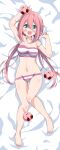  1girl :d absurdres arms_up ass_visible_through_thighs bangs bare_legs barefoot bed_sheet bikini blue_eyes blush breasts collarbone commentary_request dakimakura_(medium) eggman_(pixiv28975023) eyebrows_visible_through_hair feet full_body hair_between_eyes highres kagamihara_nadeshiko kirby&#039;s_dream_land kirby_(series) knees_together_feet_apart long_hair looking_at_viewer lying medium_breasts navel on_back open_mouth pink_hair school_uniform smile striped striped_bikini swimsuit toes twintails yurucamp 
