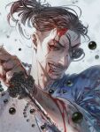  1boy beads blood blood_on_face blood_splatter bloody_weapon blue_jacket eyepatch fangs grin highres jacket japanese_clothes jewelry jiao_mao majima_gorou male_focus mature_male necklace okita_souji_(isshin) one-eyed open_clothes open_jacket orange_eyes ryuu_ga_gotoku ryuu_ga_gotoku_isshin samurai smile smirk tied_hair weapon white_background 