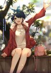  1girl :d arm_up bag bangs black_hair blue_ribbon blurry blurry_background bokeh chinese_commentary chinese_text chromatic_aberration coat commentary_request depth_of_field faicha feet_out_of_frame fur-trimmed_coat fur_trim green_eyes hair_ribbon hairband handbag head_tilt highres kanojo_okarishimasu legs_together long_sleeves open_mouth planter polka_dot polka_dot_ribbon raised_eyebrows red_coat ribbed_sweater ribbon sarashina_ruka shadow short_hair sitting skirt smile solo stuffed_animal stuffed_toy sweater tan_sweater teddy_bear translation_request tree turtleneck turtleneck_sweater waving 