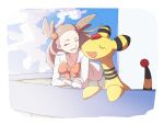  1girl ampharos bow brown_hair closed_eyes cloud commentary_request crossed_arms day dress eyelashes floating_hair gen_2_pokemon green_dress gym_leader hair_bobbles hair_ornament jasmine_(pokemon) leaning_forward light_blush long_hair morio_(poke_orio) open_mouth orange_bow outdoors pokemon pokemon_(creature) pokemon_(game) pokemon_hgss sky smile tongue two_side_up |d 