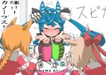  3girls animal_ears background_text bangs beret black_ribbon blowing_kiss blue_hair blue_headwear blush blush_stickers bow braid braided_ponytail brown_hair cellphone closed_eyes coat commentary_request embarrassed facing_viewer flying_sweatdrops gym_uniform hair_bow hair_ribbon hat holding holding_phone horse_ears horse_girl ikuno_dictus_(umamusume) jacket long_hair long_sleeves matikane_tannhauser messy_hair multicolored_coat multiple_girls orange_hair partial_commentary phone print_coat red_bow red_jacket ribbon sharp_teeth short_hair single_braid smartphone standing stuffed_animal stuffed_bunny stuffed_toy sweatdrop taking_picture teeth tilted_headwear track_jacket translated twin_turbo_(umamusume) twintails uma_pyoi_densetsu umamusume zannen_na_hito 