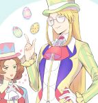  2boys :d alternate_color avery_(pokemon) bangs blonde_hair blue_eyes blush_stickers brown_hair burgh_(pokemon) burgh_(pokemon)_(cosplay) closed_mouth collared_shirt cosplay egg floating floating_object glasses gloves green_eyes green_headwear hand_on_hip hand_up hat highres index_finger_raised long_hair long_sleeves male_focus multiple_boys official_alternate_costume open_mouth parted_bangs pink_headwear pokemon pokemon_(game) pokemon_masters_ex pokemon_swsh red_neckwear round_eyewear shirt single_glove smile tailcoat telekinesis top_hat tudurimike upper_teeth white_gloves white_neckwear yellow_shirt 